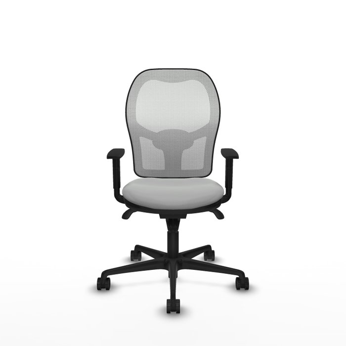 Silla de oficina Jorquera con mecanismo Sincro tapizada con Similpiel color Gris claro y malla color Blanco. Equipada con lumbar 1D, Brazos 1D y Ruedas 65mm nailon