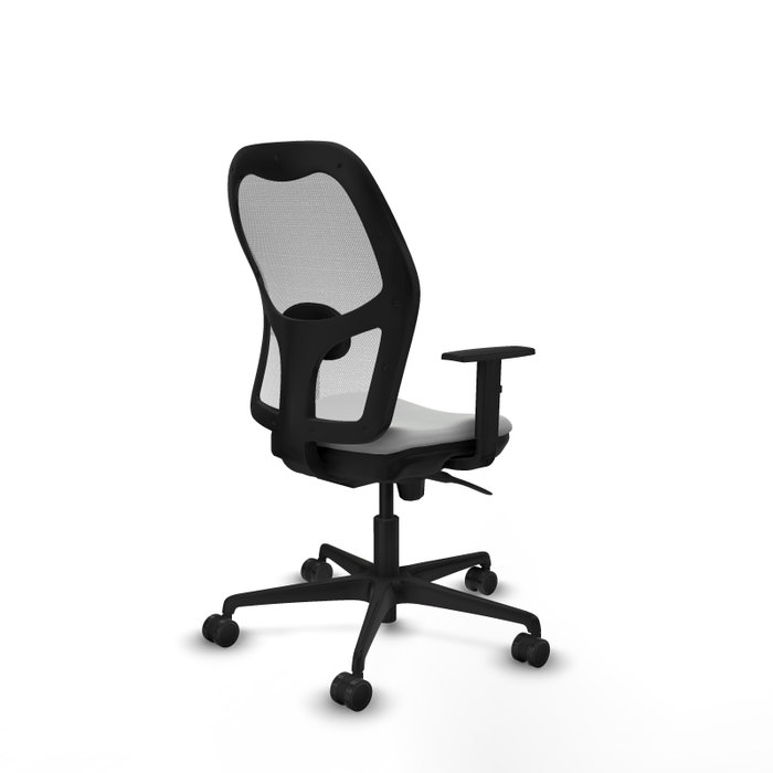 Silla de oficina Jorquera con mecanismo Sincro tapizada con Similpiel color Gris claro y malla color Blanco. Equipada con lumbar 1D, Brazos 1D y Ruedas 65mm nailon