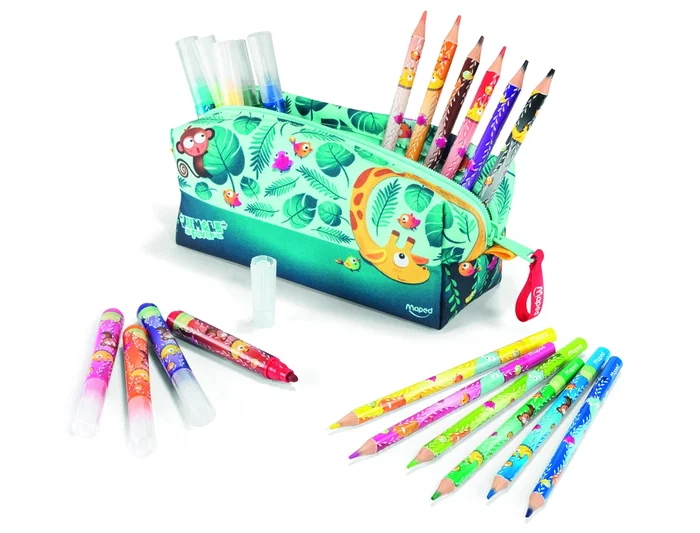 Maped Bolso Portatodo Jungle Fever Escolar con 12 Rotuladores y 12 Lápices de Colores Surtidos