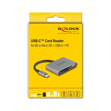 DeLOCK 91016 Lector de Tarjetas USB-C para SD y MicroSD, con Puerto USB-A 10 Gbps y USB-C PD 2.0 de 85W, Color Gris