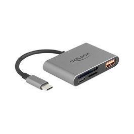 DeLOCK 91016 Lector de Tarjetas USB-C para SD y MicroSD, con Puerto USB-A 10 Gbps y USB-C PD 2.0 de 85W, Color Gris