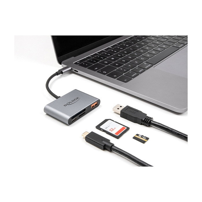 DeLOCK 91016 Lector de Tarjetas USB-C para SD y MicroSD, con Puerto USB-A 10 Gbps y USB-C PD 2.0 de 85W, Color Gris