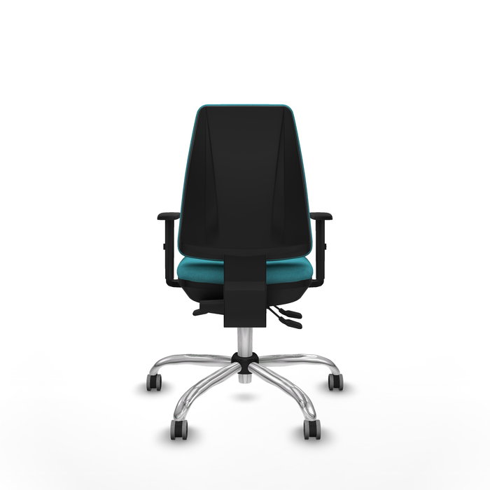 Silla de oficina Elche con mecanismo Asincro tapizada con Tela color Turquesa. Equipada con Base cromada, Brazos 1D y Ruedas 65 mm parqué