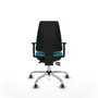 Silla de oficina Elche con mecanismo Asincro tapizada con Tela color Turquesa. Equipada con Base cromada, Brazos 1D y Ruedas 65 mm parqué