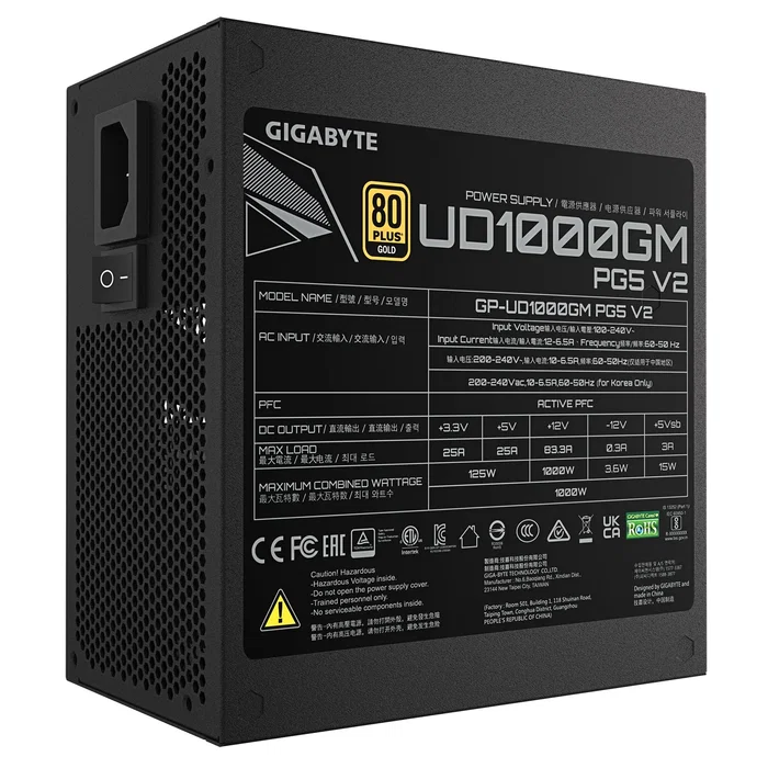 Gigabyte Fuente Alimentación UD1000GM PG5 V2 1000W 80 Plus Gold Certificada, ATX 3.1 & PCIe 5.1, Totalmente Modular, Negra