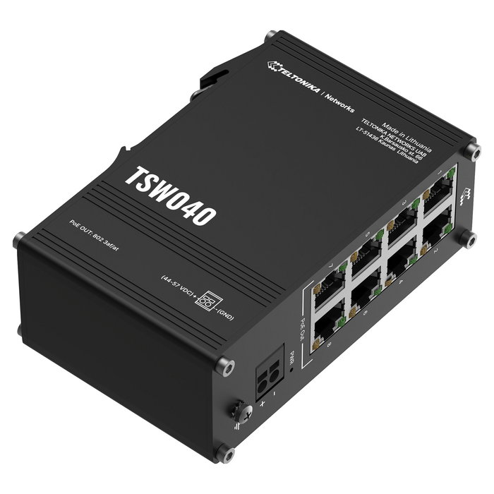 Teltonika Switch Industrial TSW040 8 Puertos Fast Ethernet 10/100, PoE+ (802.3at), No Administrado, 240W, Aluminio, para Condiciones Extremas (-40 a 75°C)