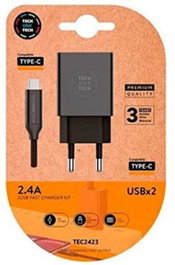 TECH-ONE-TECH TEC2423 Cargador de Pared Doble con Cable USB-C Negro