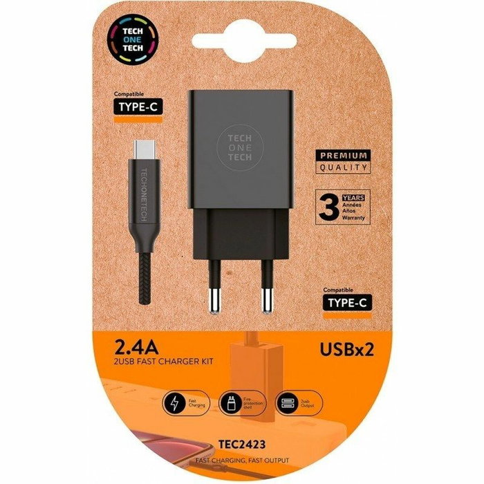 Tech One Tech TEC2423 Cargador de Pared Doble USB con Cable USB-C Negro