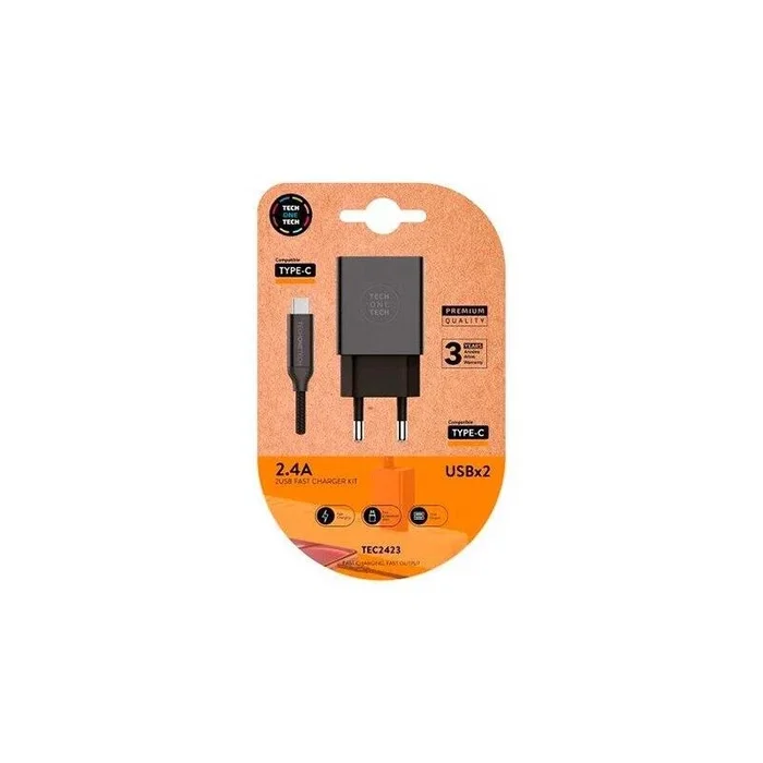 Tech One Tech TEC2423 Cargador de Pared Doble 2,4A con Cable USB-C Negro