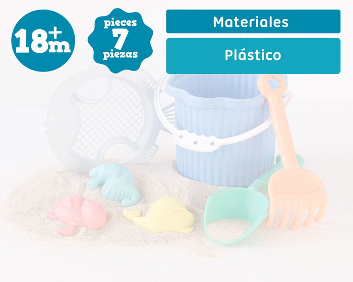 KioKids Set De Cubo De Playa Azul Para Bebés Con 7 Piezas En Polipropileno Y Trigo