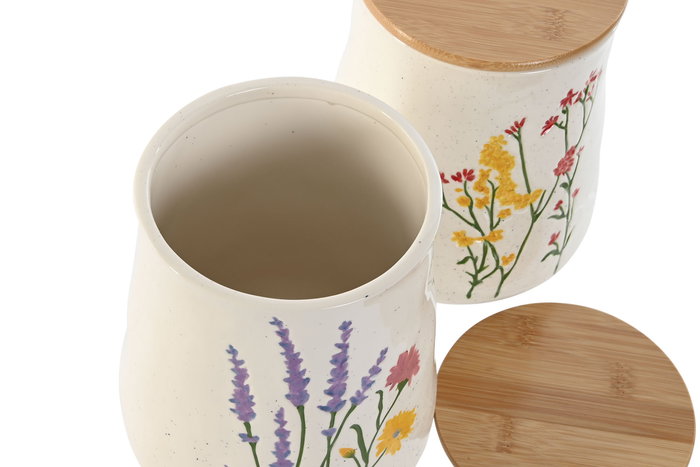 DKD Home Decor Bote Shabby Flower 24 Porcelana Bambú Multicolor 15 x 17.6 x 15 cm (2 Unidades)