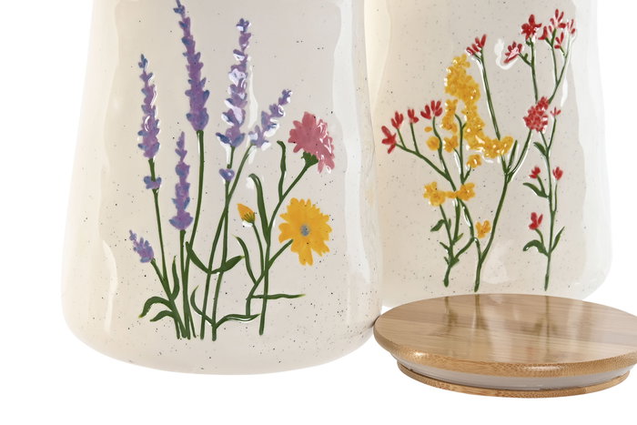 DKD Home Decor Bote Shabby Flower 24 Porcelana Bambú Multicolor 15 x 17.6 x 15 cm (2 Unidades)