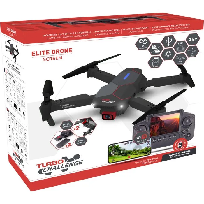 Turbo Challenge Dron RC TUR3301044003291 con Estuche, Doble Cámara, Control Remoto con Pantalla, para Mayores de 14 Años