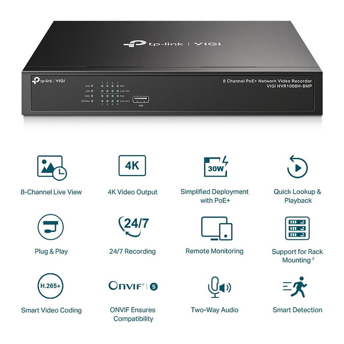 TP-Link VIGI NVR1008H-8MP Grabador NVR de 8 Canales 4K PoE para Cámaras IP