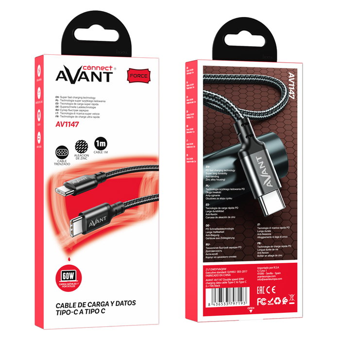 Avant Connect Cable USB-C a USB-C Trenzado 1m 60W PD 3A Carga Rápida - Force Edition