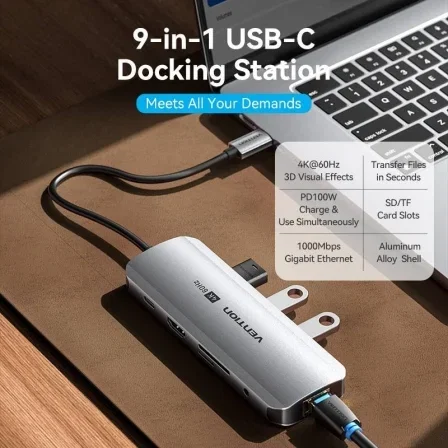 Vention Docking USB C TQLHB 1x HDMI 4K 3x USB 1x USB C PD 1x RJ45 1x Jack 3.5mm Lector Tarjetas Gris Vention Docking USB C TQLHB 1x HDMI 4K 3x USB 1x USB C PD 1x RJ45 1x Jack 3.5mm Lector Tarjetas Gris