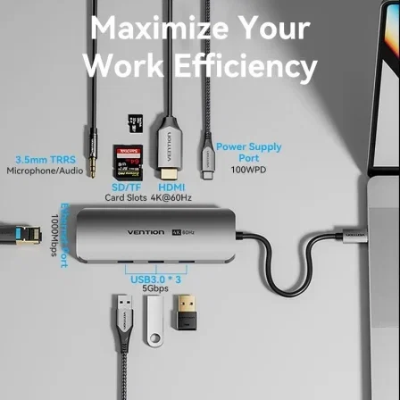 Vention Docking USB C TQLHB 1x HDMI 4K 3x USB 1x USB C PD 1x RJ45 1x Jack 3.5mm Lector Tarjetas Gris Vention Docking USB C TQLHB 1x HDMI 4K 3x USB 1x USB C PD 1x RJ45 1x Jack 3.5mm Lector Tarjetas Gris