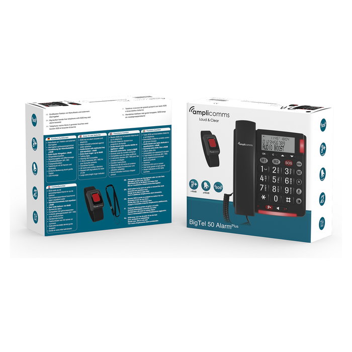 Amplicomms BigTel 50 Alarm Plus - Teléfono analógico con grandes botones fotoluminiscentes, identificador de llamadas y agenda para 32 números (Gris Oscuro)