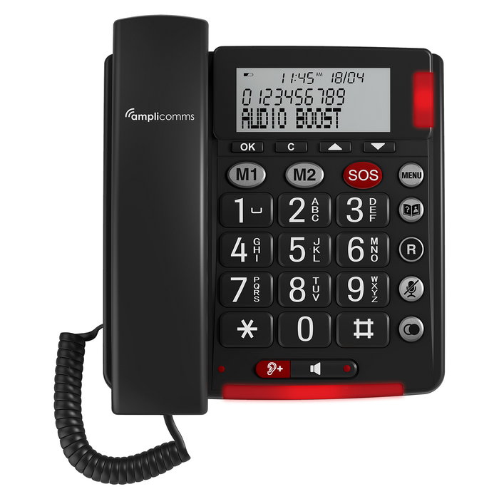Amplicomms BigTel 50 Alarm Plus - Teléfono analógico con grandes botones fotoluminiscentes, identificador de llamadas y agenda para 32 números (Gris Oscuro)