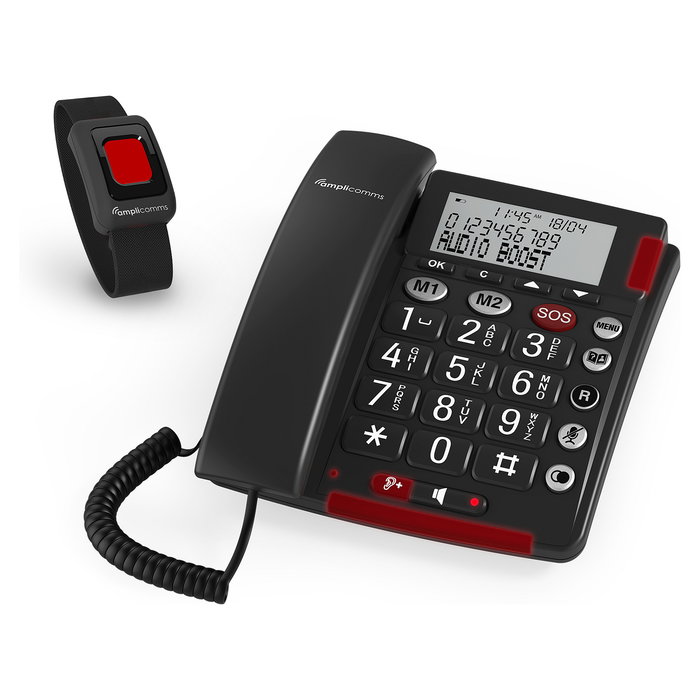 Amplicomms BigTel 50 Alarm Plus - Teléfono analógico con grandes botones fotoluminiscentes, identificador de llamadas y agenda para 32 números (Gris Oscuro)