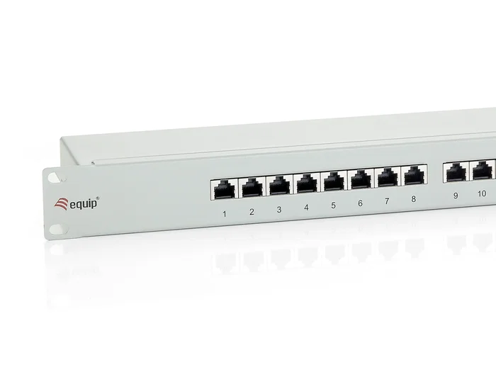 Equip 326324 Panel de Parcheo 1U, 24 Puertos RJ-45 Cat6 Apantallado, Contactos Chapados en Oro, para Montaje en Bastidor, Color Gris