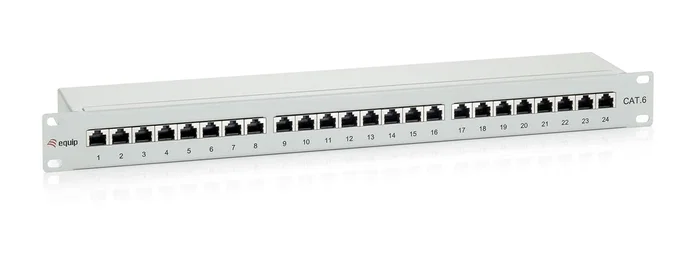 Equip 326324 Panel de Parcheo 1U, 24 Puertos RJ-45 Cat6 Apantallado, Contactos Chapados en Oro, para Montaje en Bastidor, Color Gris