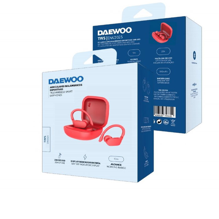 Daewoo Auriculares Deportivos Inalámbricos TWS, Indicador LED, Bluetooth 5.0, 30mAh/300mAh, Tipo-C, Color Rojo