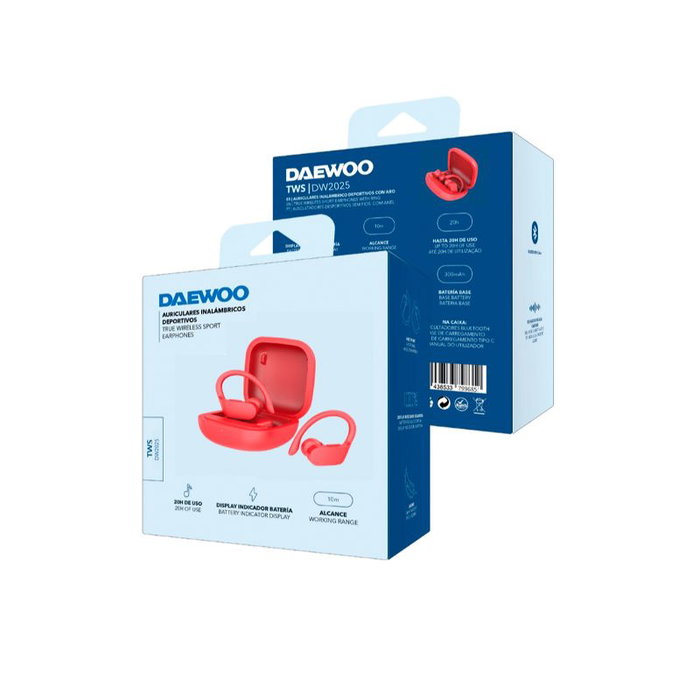 DAEWOO Auricular TWS Sport con Bluetooth 5.0 y Gancho - Indicador LED Batería 30mAh/300mAh - Tipo C Rojo