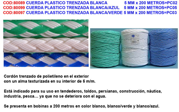 Cuerda de plástico multifunción trenzada Blanco/Azul 5 mm x 200 metros Cuerda de plástico multifunción trenzada Blanco/Azul 5 mm x 200 metros