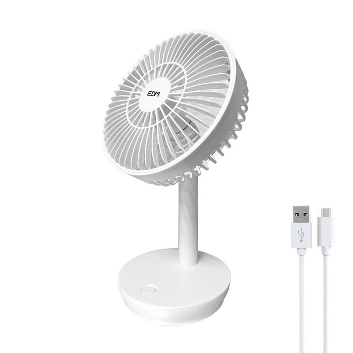Edm Ventilador de Sobremesa Recargable Blanco 5W, Bajo Ruido 31.6dB, Aspas Ø14.5cm, 4 Velocidades, Cabezal Ajustable, 17x13x26cm