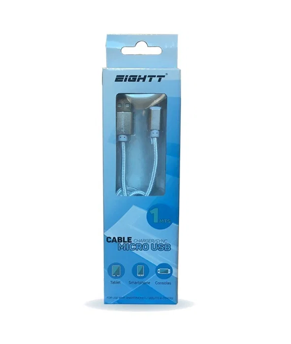 Eightt ECM-1S Cable USB A a Micro USB B 2.0 de 1 metro, Trenzado en Nylon, Carcasa de Aluminio, Color Plata