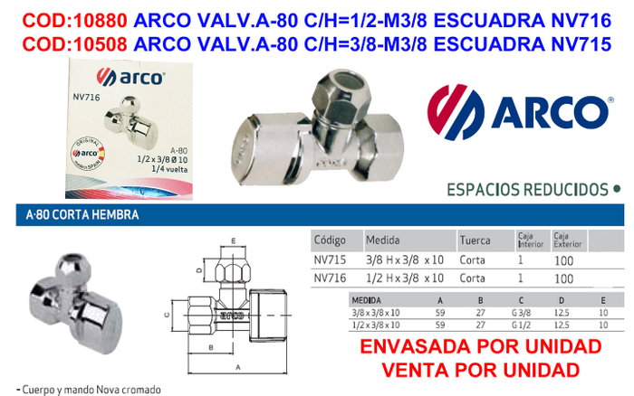 ARCO Válvula Llave Escuadra Colect A-80 C/H=3/8-M3/8 NV715 1U/CJ