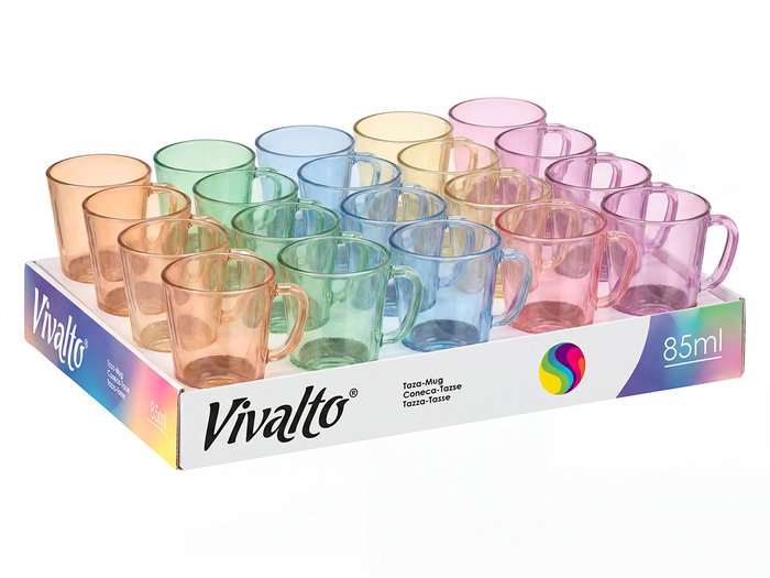 VIVALTO Taza de Café de Vidrio Surtido 6 Colores Display de 280 Unidades VIVALTO Taza de Café de Vidrio Surtido 6 Colores Display de 280 Unidades