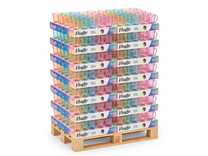 VIVALTO Taza de Café de Vidrio Surtido 6 Colores Display de 280 Unidades VIVALTO Taza de Café de Vidrio Surtido 6 Colores Display de 280 Unidades