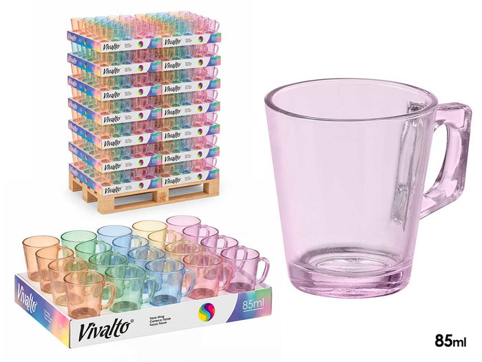 VIVALTO Taza de Café de Vidrio Surtido 6 Colores Display de 280 Unidades VIVALTO Taza de Café de Vidrio Surtido 6 Colores Display de 280 Unidades