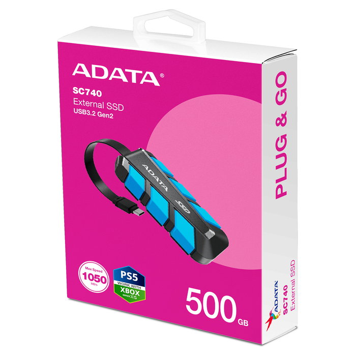 ADATA SC740 500GB SSD Externo Negro Azul, USB-C 3.2 Gen 2 (10 Gbit/s), 1050 MB/s Lectura, 1000 MB/s Escritura, Resistente a Golpes