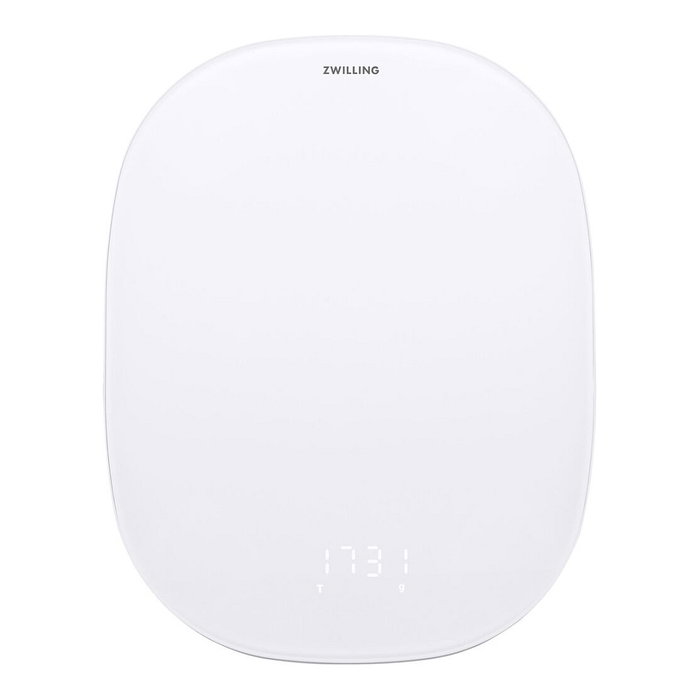 Zwilling Enfinigy Báscula Electrónica de Cocina Digital 10 kg / 1 g de Precisión con Superficie de Vidrio, Tara, LCD, Plata y Blanco