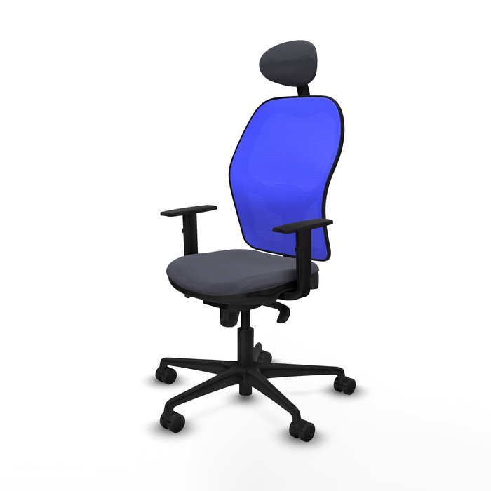 Silla de oficina Jorquera con mecanismo Sincro tapizada con Tela color Gris oscuro y malla color Azul. Equipada con lumbar 1D, Brazos 1D, Cabecero Fijo y Ruedas 65mm nailon