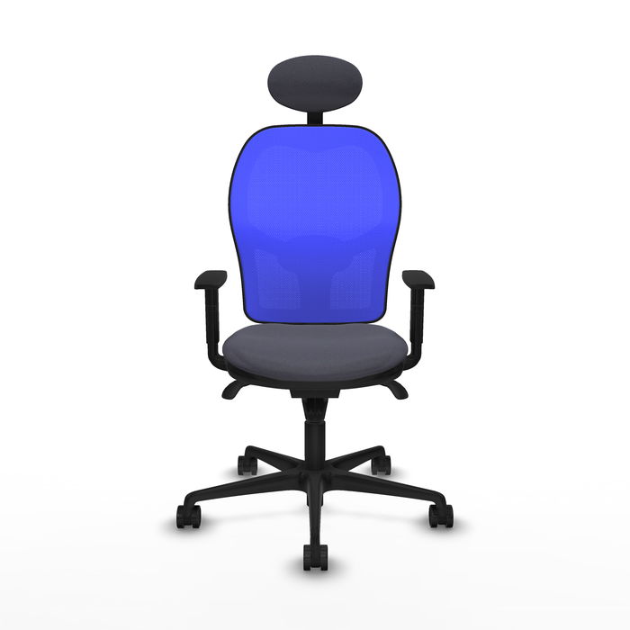 Silla de oficina Jorquera con mecanismo Sincro tapizada con Tela color Gris oscuro y malla color Azul. Equipada con lumbar 1D, Brazos 1D, Cabecero Fijo y Ruedas 65mm nailon
