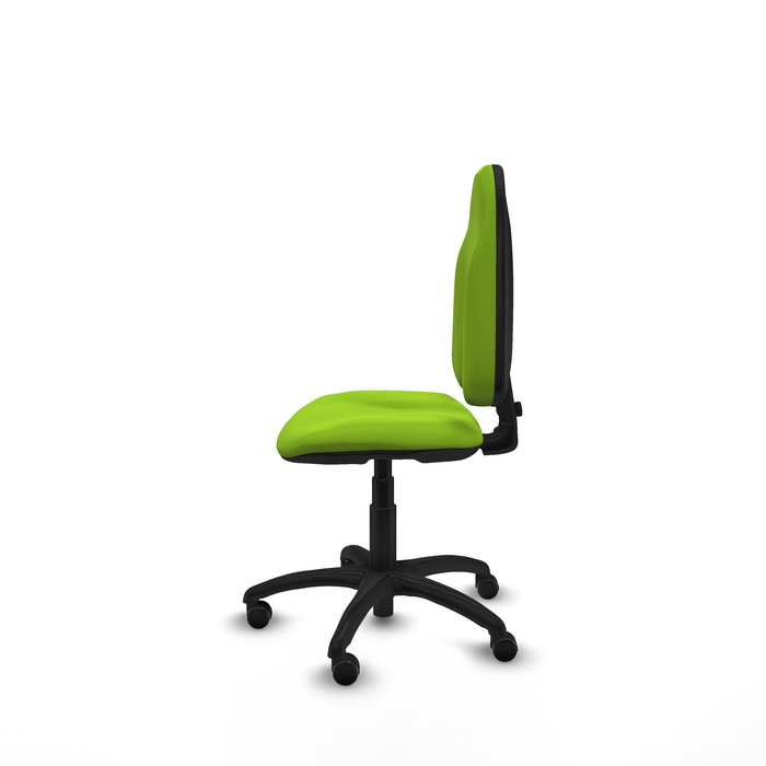 Silla de oficina Algarra con mecanismo Contacto permanente básico tapizada con Similpiel color Pistacho. Equipada con Base poliamida negra, Sin brazos y Ruedas de parqué