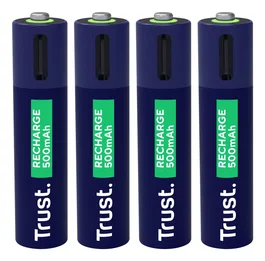 Trust 25671 Pack de 4 Pilas Recargables AAA 500 mAh con Carga USB-C - Carga Rápida 1 Hora - Hasta 800 Ciclos