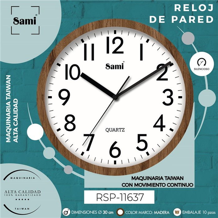 SAMI Reloj de Pared HQ Taiwan RED, 30 cm, Madera de Nogal
