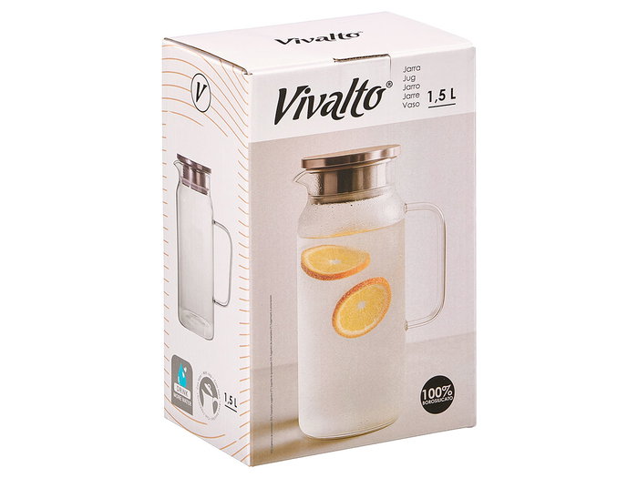 Vivalto Jarra Borosilicato Cuadrada con Tapa de Acero Inoxidable, Capacidad 1.5L, Transparente/Plata, 15x23x10 cm (Set de 12)