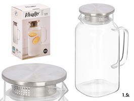 Vivalto Jarra Borosilicato Cuadrada con Tapa de Acero Inoxidable, Capacidad 1.5L, Transparente/Plata, 15x23x10 cm (Set de 12)