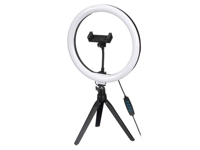 ARTE REGAL Luz Aro Selfie con Trípode Bajo, Anillo LED USB de 120 Luces, Dimensiones 25x3x25 cm, Color Negro o Blanco (Set de 12)