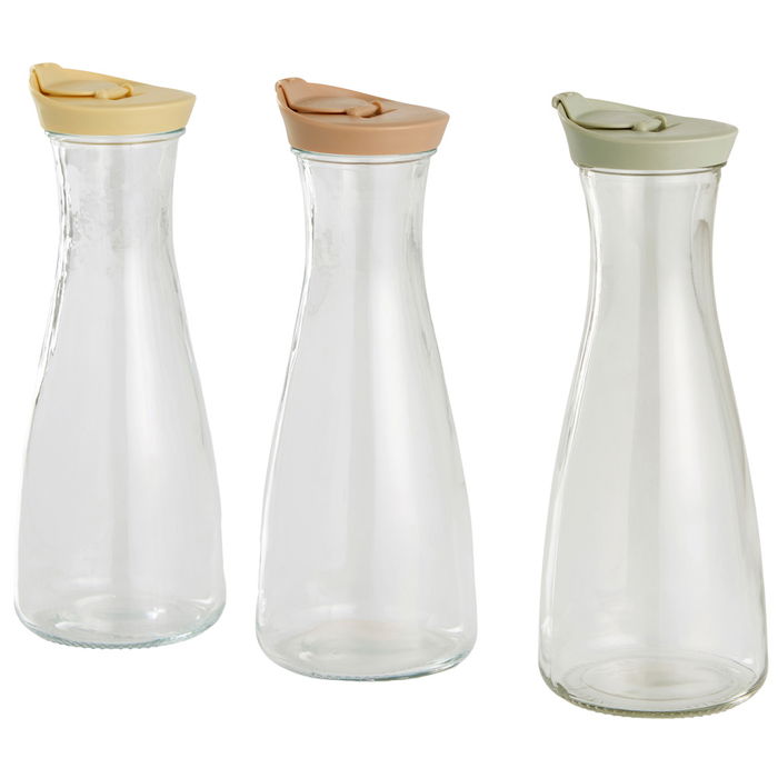 Botella Day 1 L con Tapa Surtida para Bebidas, Cristal y Plástico, Colores Arena Natural, Verde Musgo y Amarillo Arena