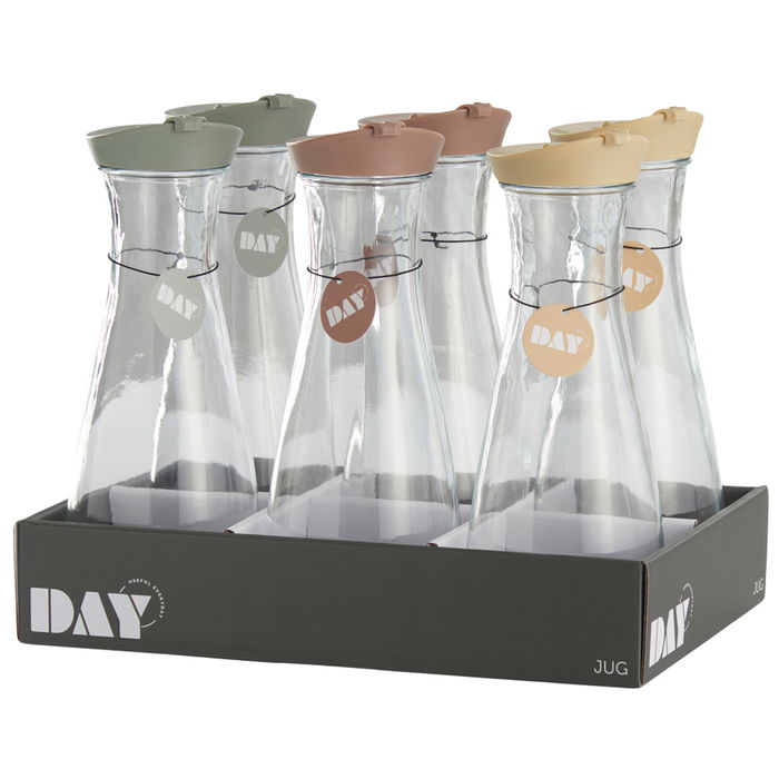 Botella Day 1 L con Tapa Surtida para Bebidas, Cristal y Plástico, Colores Arena Natural, Verde Musgo y Amarillo Arena