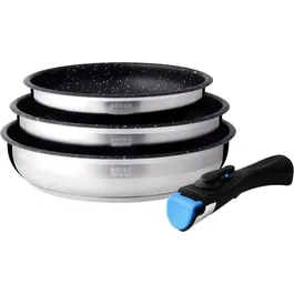 Arthur Martin AM2196 Juego de 3 sartenes 20-24-26 cm Acero Inoxidable Mango Extraíble Todos los Fuegos Inducción