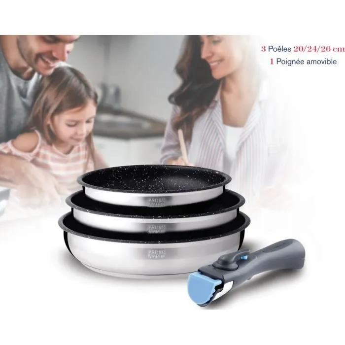 Arthur Martin AM2196 Juego de 3 sartenes 20-24-26 cm Acero Inoxidable Mango Extraíble Todos los Fuegos Inducción