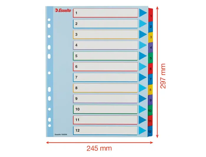 Esselte Índice de Cartulina Mylar Borrable Numérico A4+ Pestañas 1-12